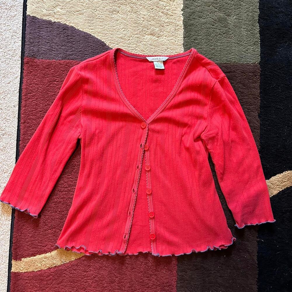 jackie blue red 3/4th sleeve cardigan pointelle 100% cotton fabric lettuce trim